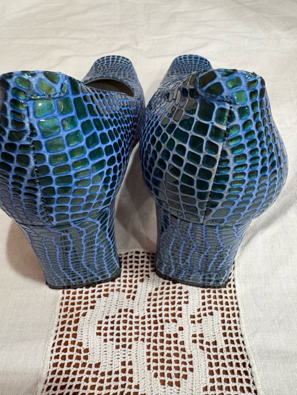 Bellini Blue and Green Leather Croc-Embossed Glossy Square Toe Pumps - Picture 2 of 5